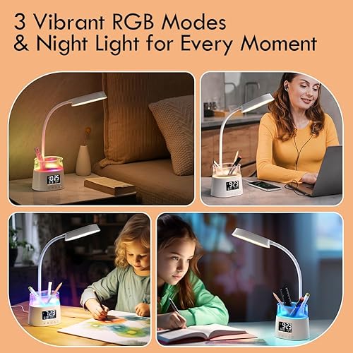 Miniatura 4 de WILIT Lámparas LED de escritorio para oficina en casa con soporte para bolígrafo, lámpara de mesa para dormitorio con puerto de carga USB y reloj,