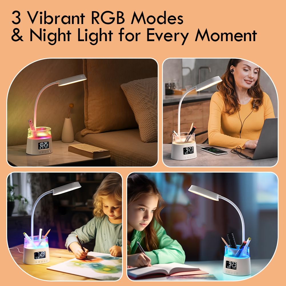 Lámparas LED de escritorio para oficina en casa con soporte para bolígrafo, lámpara de mesa para dormitorio con puerto de carga USB y reloj, luz nocturna RGB, lámpara de estudio para niños y 4