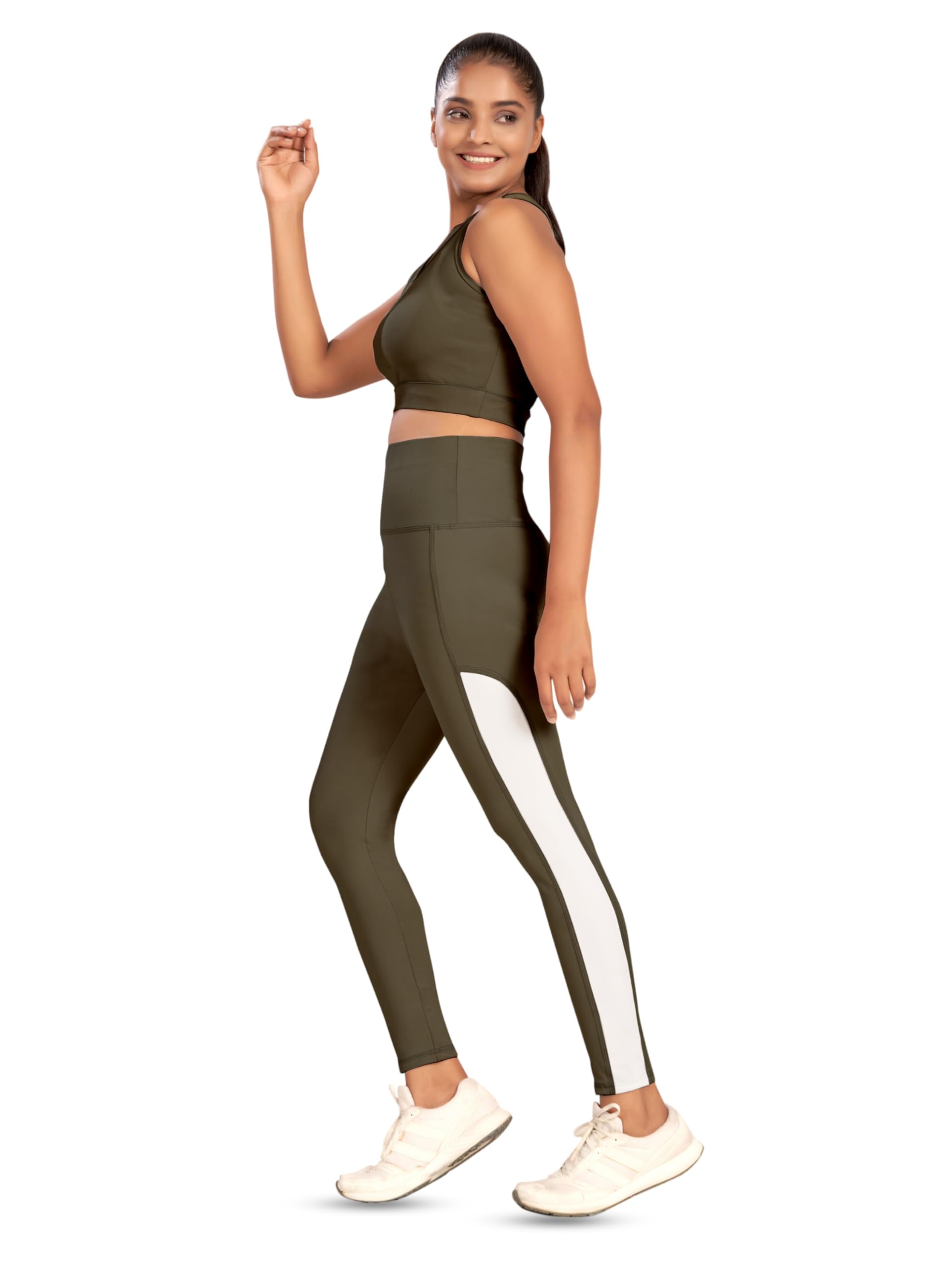 women’s polyester blend tracksuit top and bottom set with solid pattern stretchable high rise style leggings sleeveless round neck and standard length | workout gym set for yoga