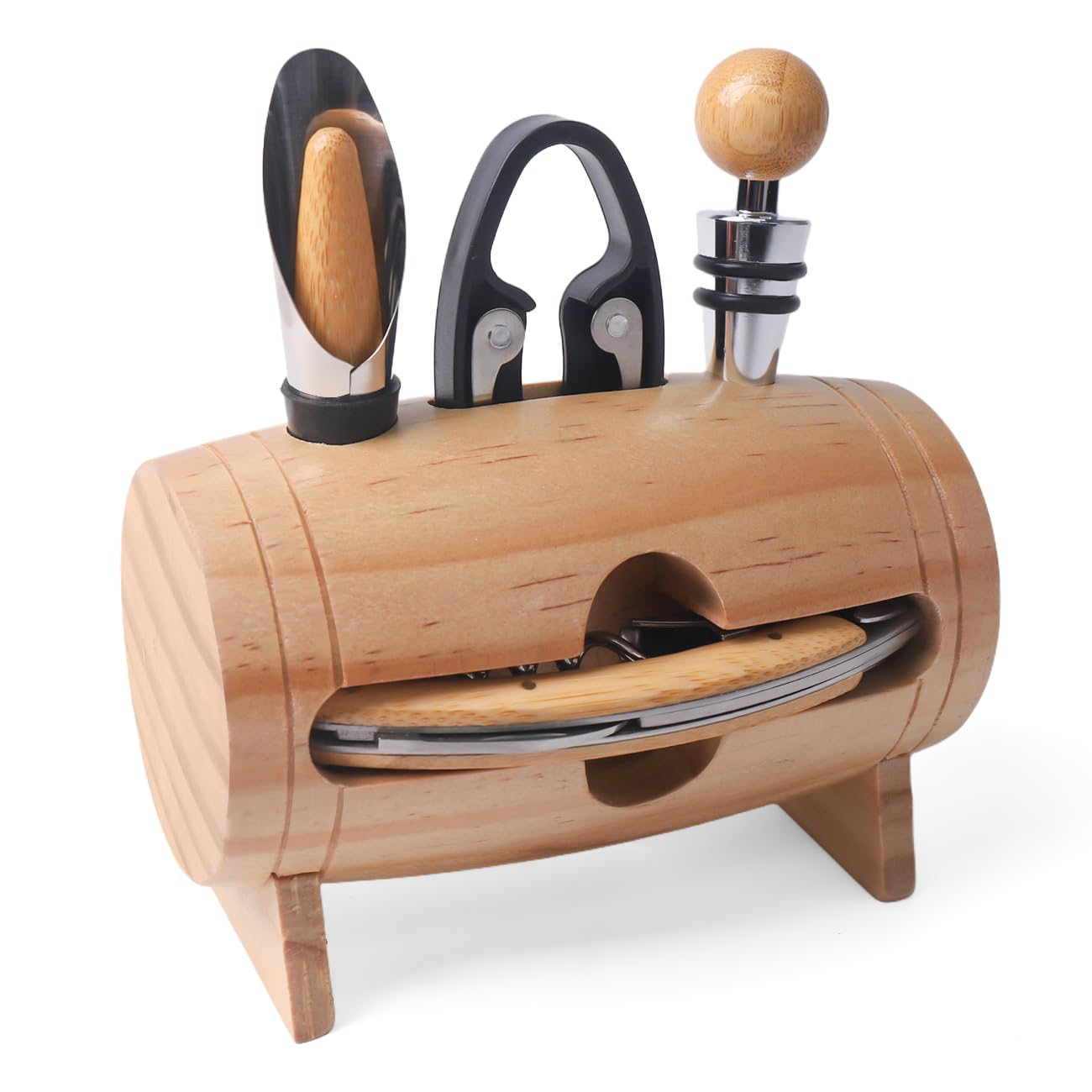 Set di Accessori da Vino a Forma di Barile,Accessori per Il Vino Include cavatappi,Tappo per Vino (Wood)