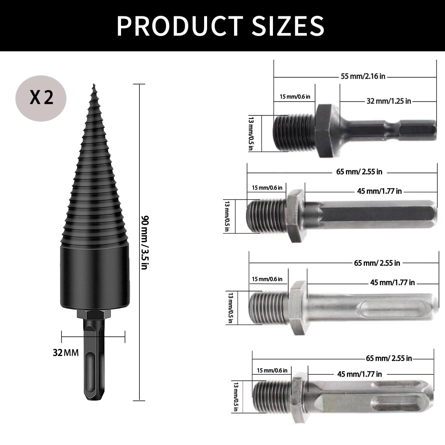 2pcs Taladro Divisor de Leña, 32mm Divisor de Troncos, Broca en Forma de Cono para Cortar la Leña por la Mitad, Astilladora de Troncos Broca Cónica