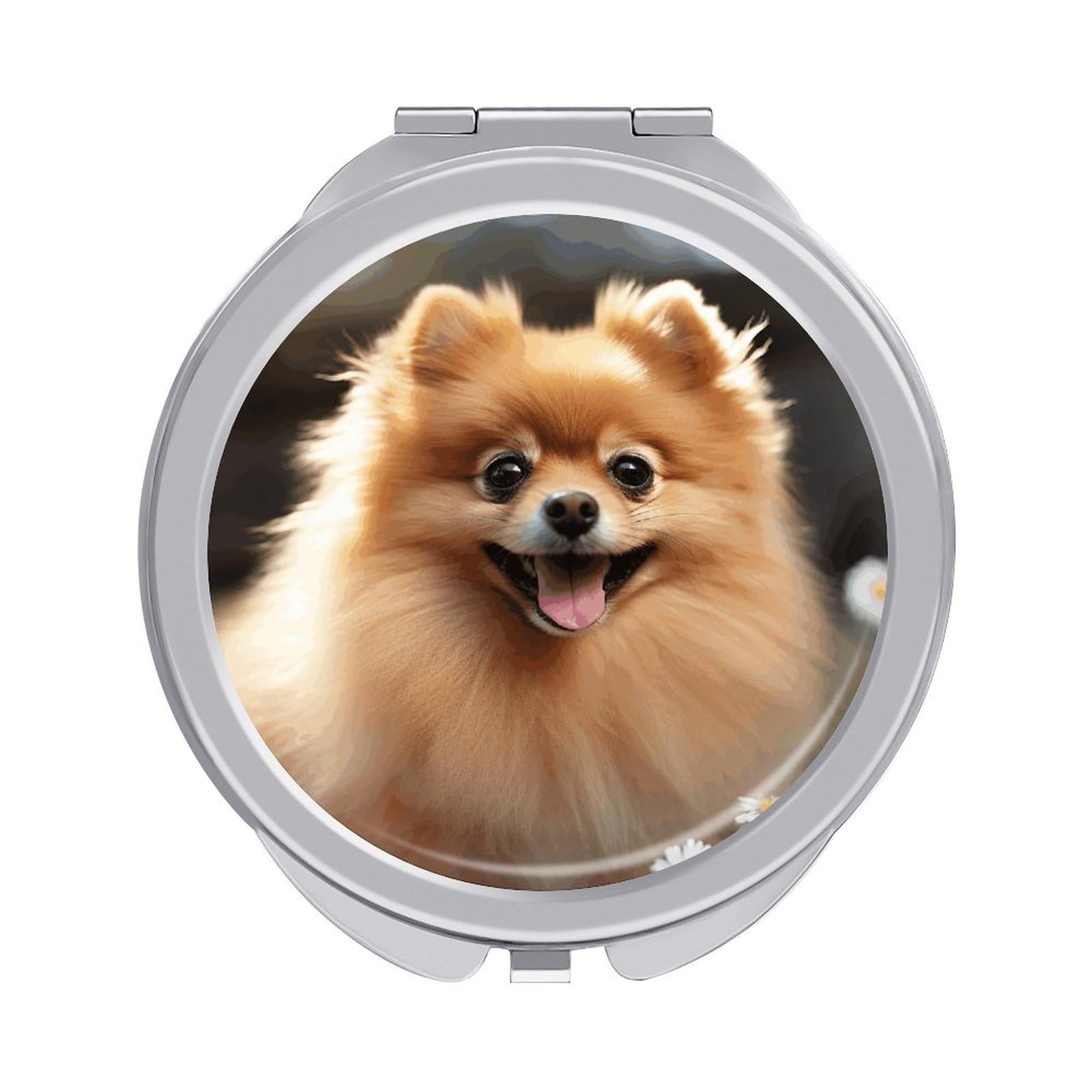 LZQPOEAS Pomeranian Dog Compact Mirror, Double-Sided Folding Makeup Mirror, Durable Metal Travel Pocket Mirror for Purse, Portable Round Touch-Up Mirror for Table Gifts and Everyday Use