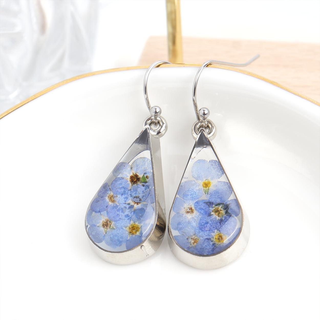 Jean Beau 925 Sterling Silver Pressed Flower Earrings for Women, Handmade Hypoallergenic Resin Dried Flower Teardrop Dangle Earrings, Nature Floral Jewelry Gift for Mom and Wife - Image 4