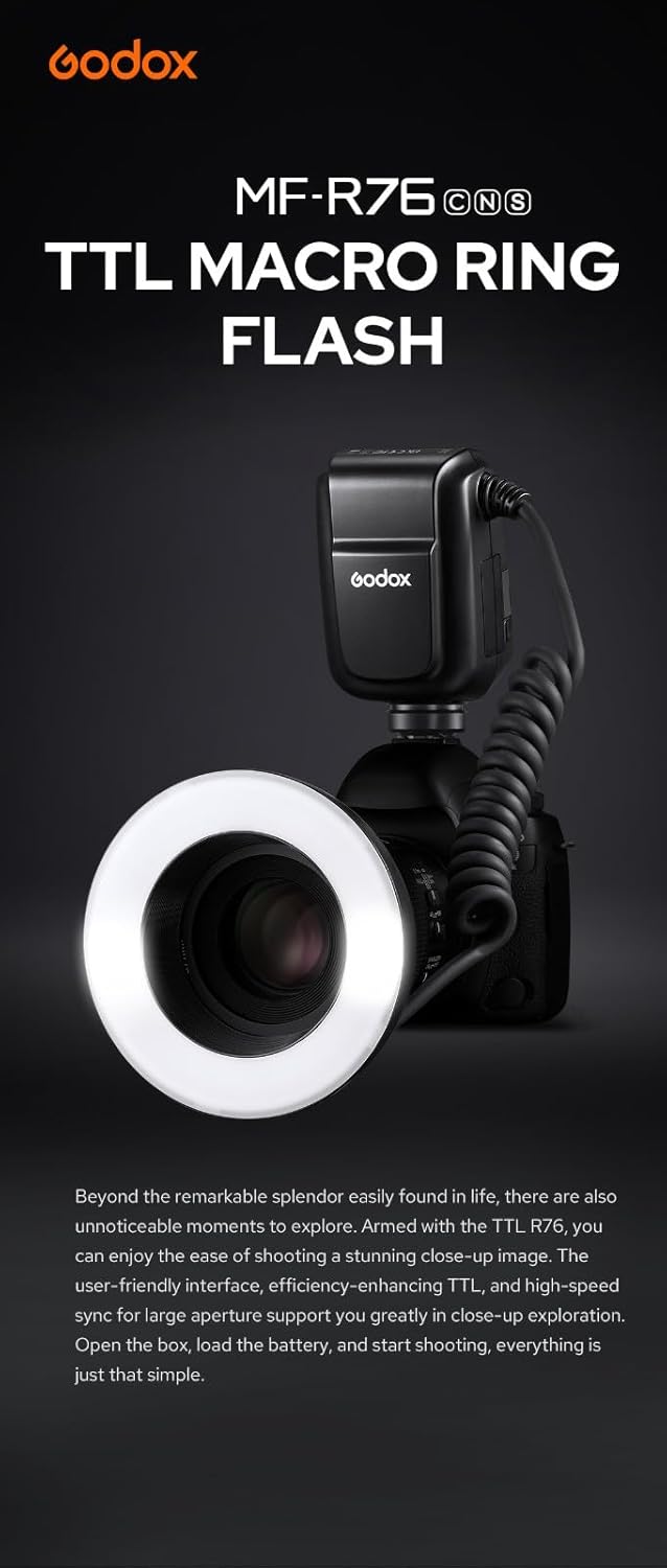Godox MF-R76C TTL LED Micro Ring Flash for Canon Carema,CCT 5900K±200K,3000mAh Lithium Battery550 Full-Power,76Ws HSS 2.4G 0.1-1s Recycle Time Dual-Flash Tubes Speedlight and LCD Display Adapter Rings
