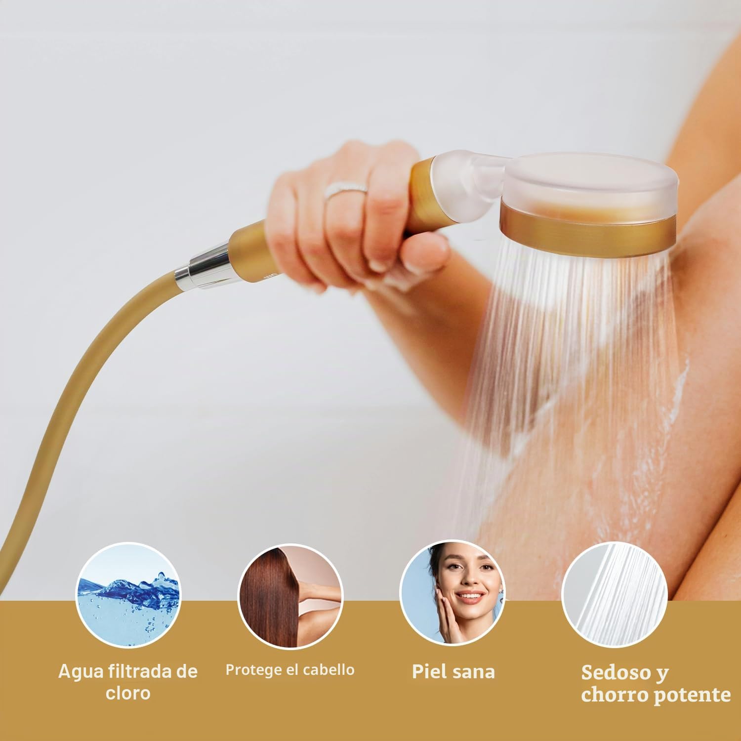 Barumi Pluo Cabezal de ducha filtrado a mano - dorado | Filtro de vitamina C para piel y cabello sanos | cabezal de ducha de chorro suave de alta presión | ablandador de agua dura de doble filtración