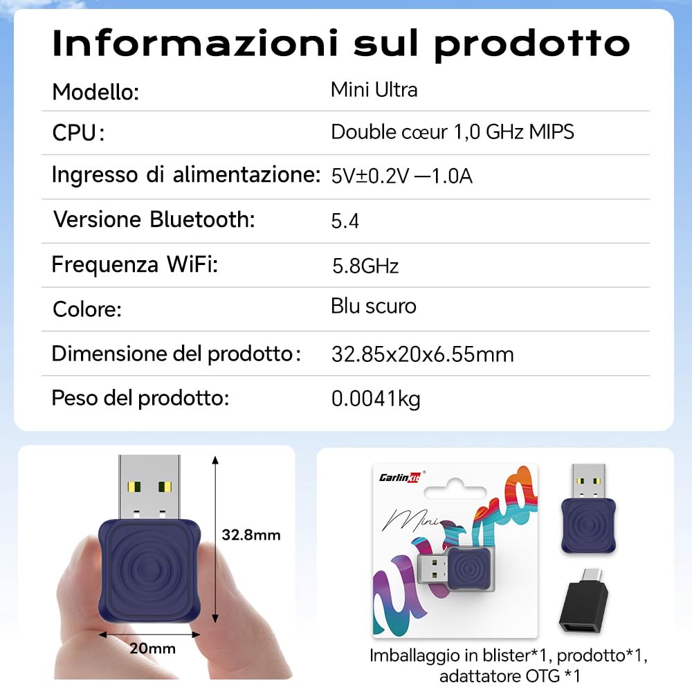 Carlinkit Mini adattatore per auto Ultra Wireless CarPlay & Android – Plug & Play Dongle per iPhone e Android, converte cablata a wireless, USB-A/USB-C, compatibile con auto cablate OEM