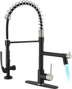 Fapully Kitchen Faucet with Pull Down Sprayer, Black&Brushed Nickel | Commercial Kitchen Faucets with LED Light and Deck Plate