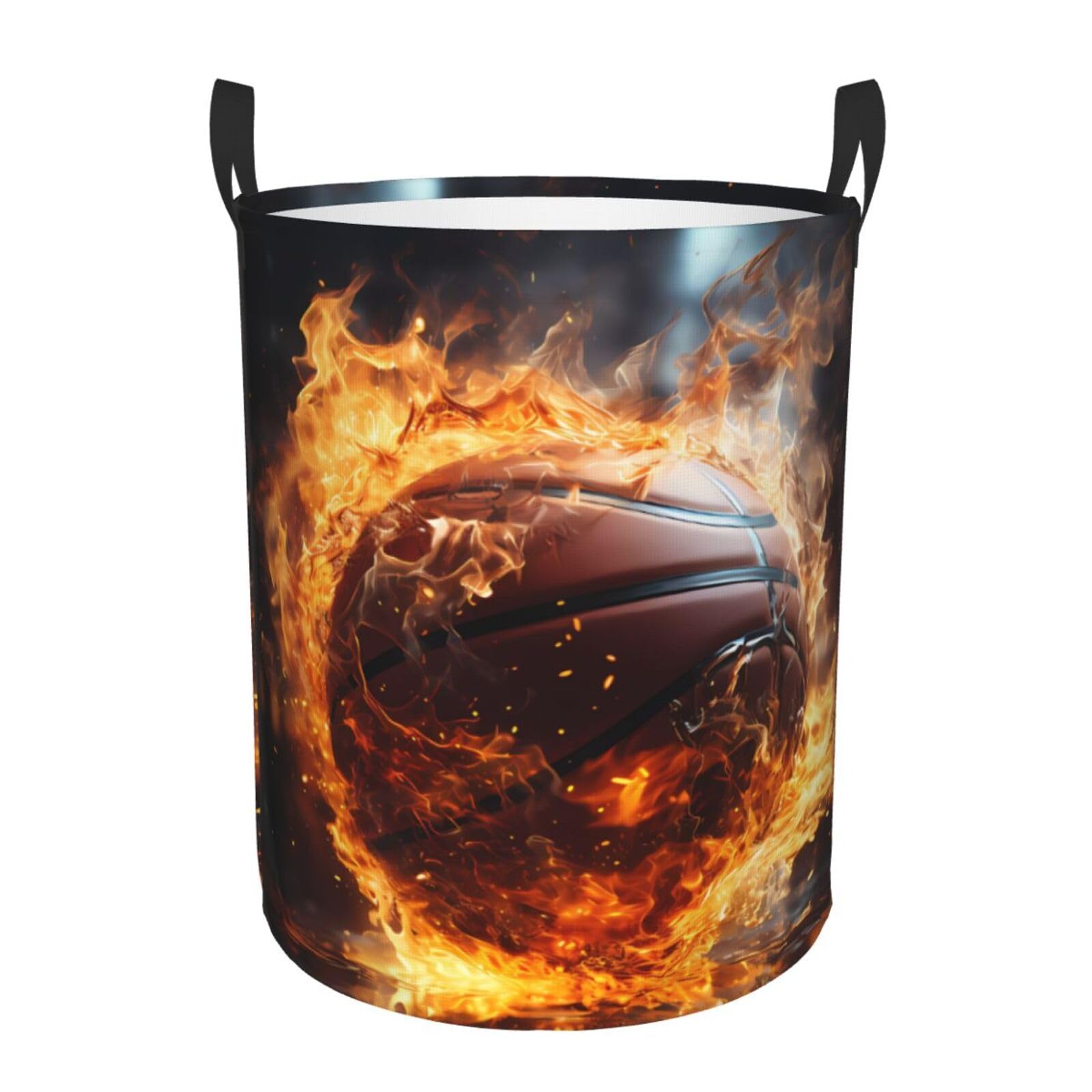S Collapsible Basketball on Fire and Water Flame Splashing Print Circular Hamper Round