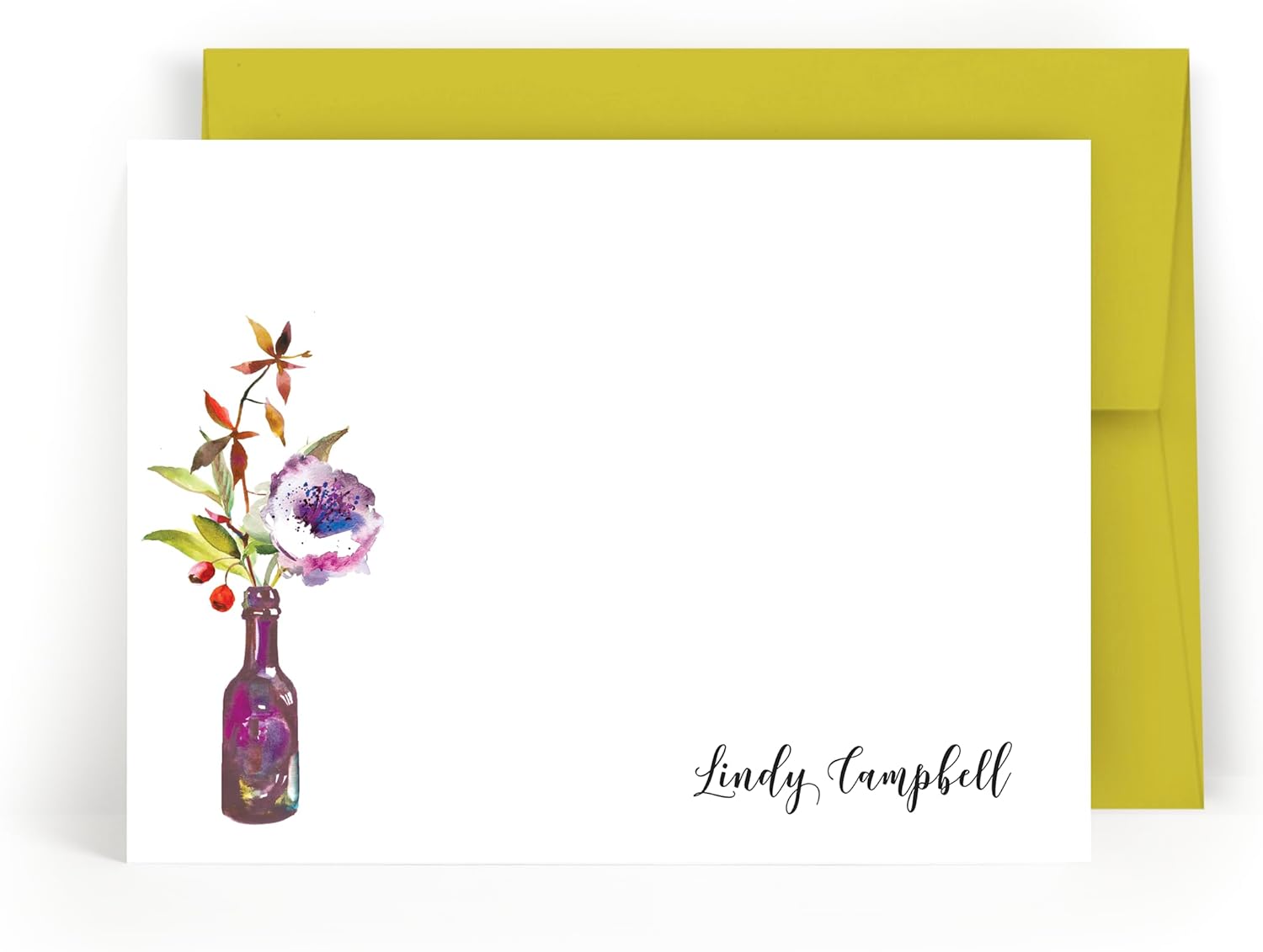 Personalized Note Cards – Watercolor Flowers in Purple Wine Bottle, Flat Cards, Set of 12
