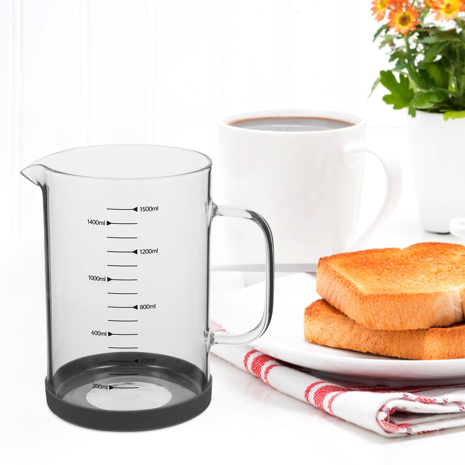 TOYANDONA Taza Medidora de Vidrio Borosilicato 1500 Ml con Escala, Jarra de Vidrio con Asa para Medir Líquidos, Taza Medidora Portátil Adecuado para Cocina y Preparación de Café o Leche