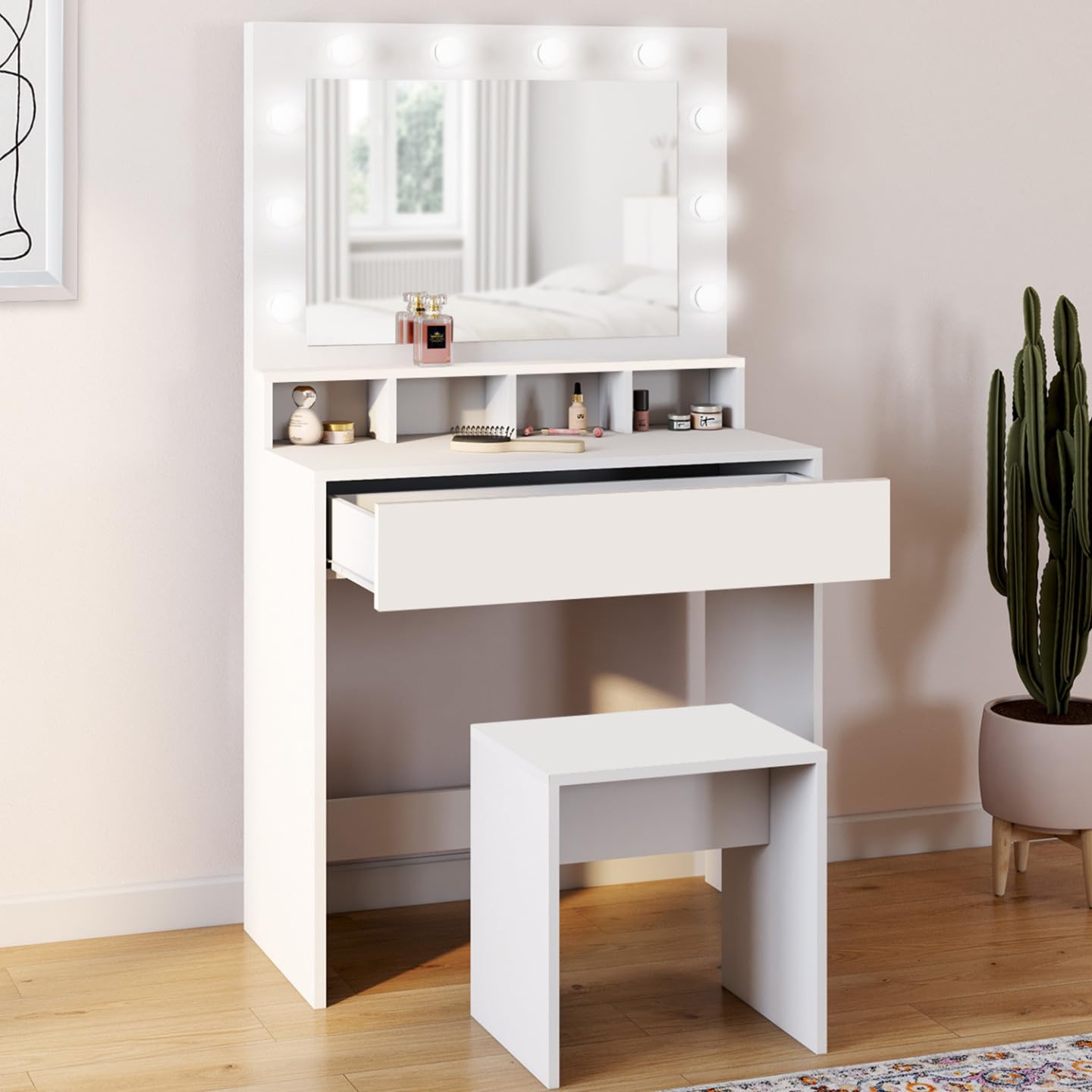 IDMarket - Coiffeuse Zelia Miroir LED avec 4 niches, 1 tiroir et Tabouret