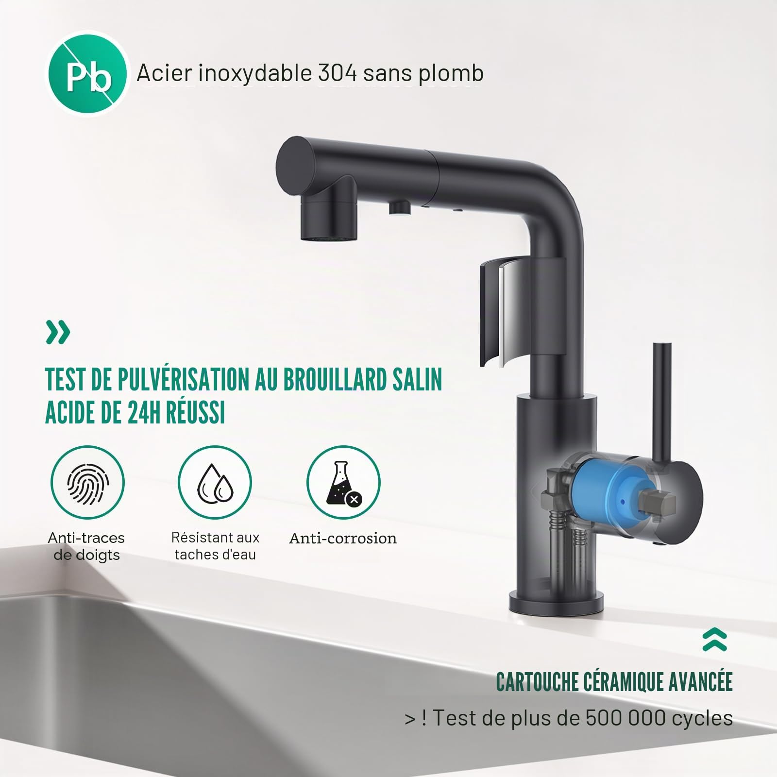 Douchette 3 Fonctions robinet cuisine Mitigeur Lavabo Noir Rotatif 360°, Noir Mat