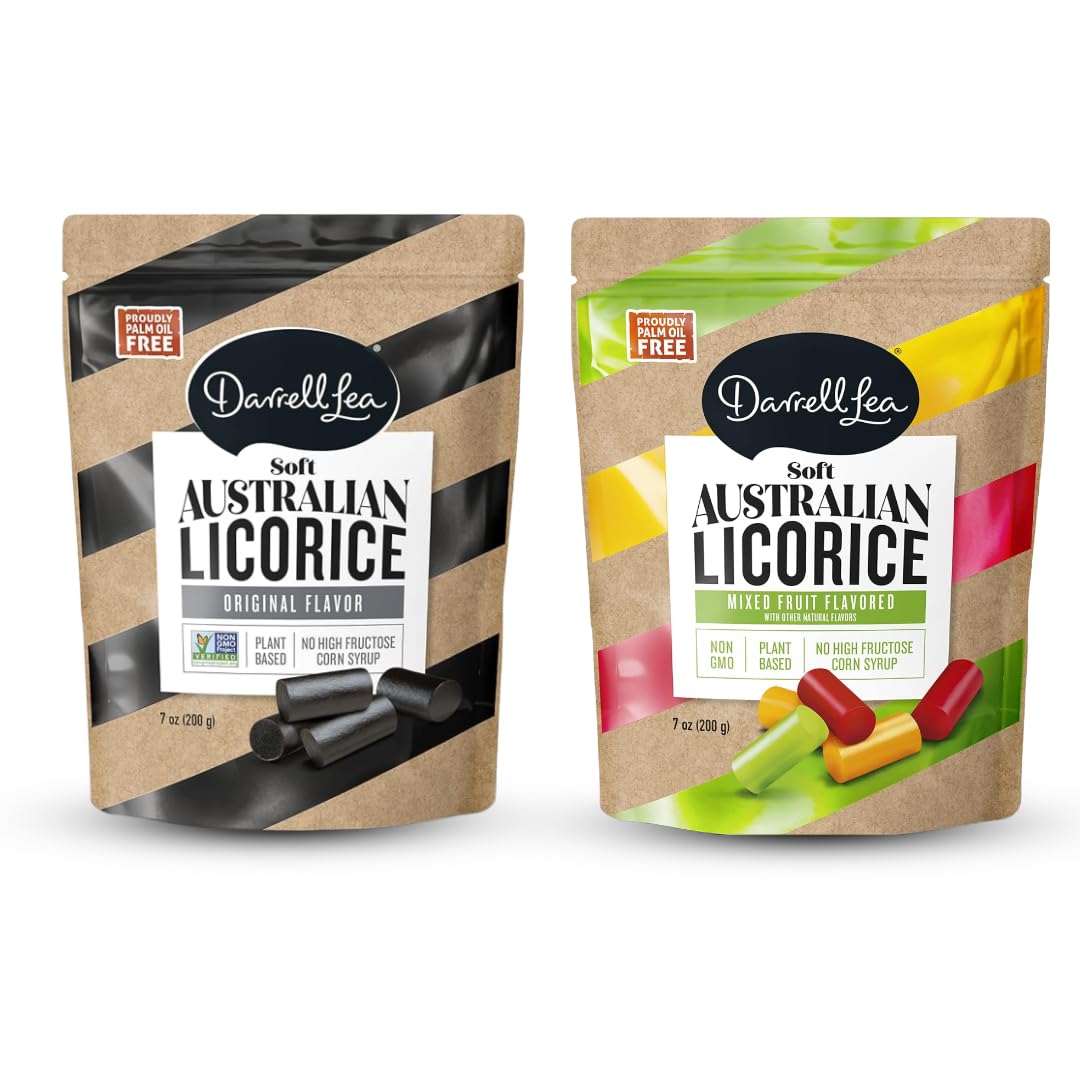 Darrell Lea Soft Australian Made Licorice, Original Black Flavor, 7 oz AND Mixed Flavor Soft Australian Made Licorice 7oz, Non-GMO, No Palm Oil, No Artificial Flavors, Plant-Based, Kosher, NO HFCS, Vegan-Friendly + LuxProdX Sticker