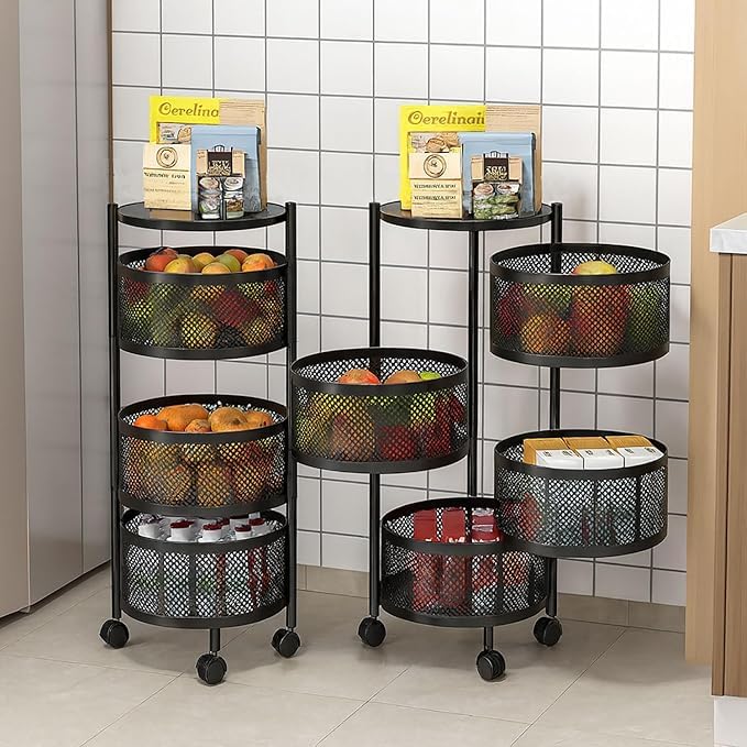 Image of HomeWiz 4-Layer Round Kitchen Trolley | Movable Storage Organizer for Fruits & Vegetables | Perforated Mesh Baskets with Solid Flat Top | Multipurpose Rack for Onion & Potato | Rust-Resistant | Black