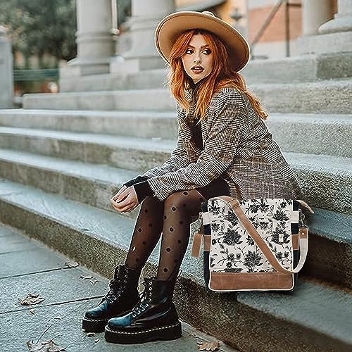 Image of CLA Bags SEL de MER Upcycled Olive Green Blossom Print Canvas & Leather Shoulder Bag, Canvas Crossbody Bags for Women