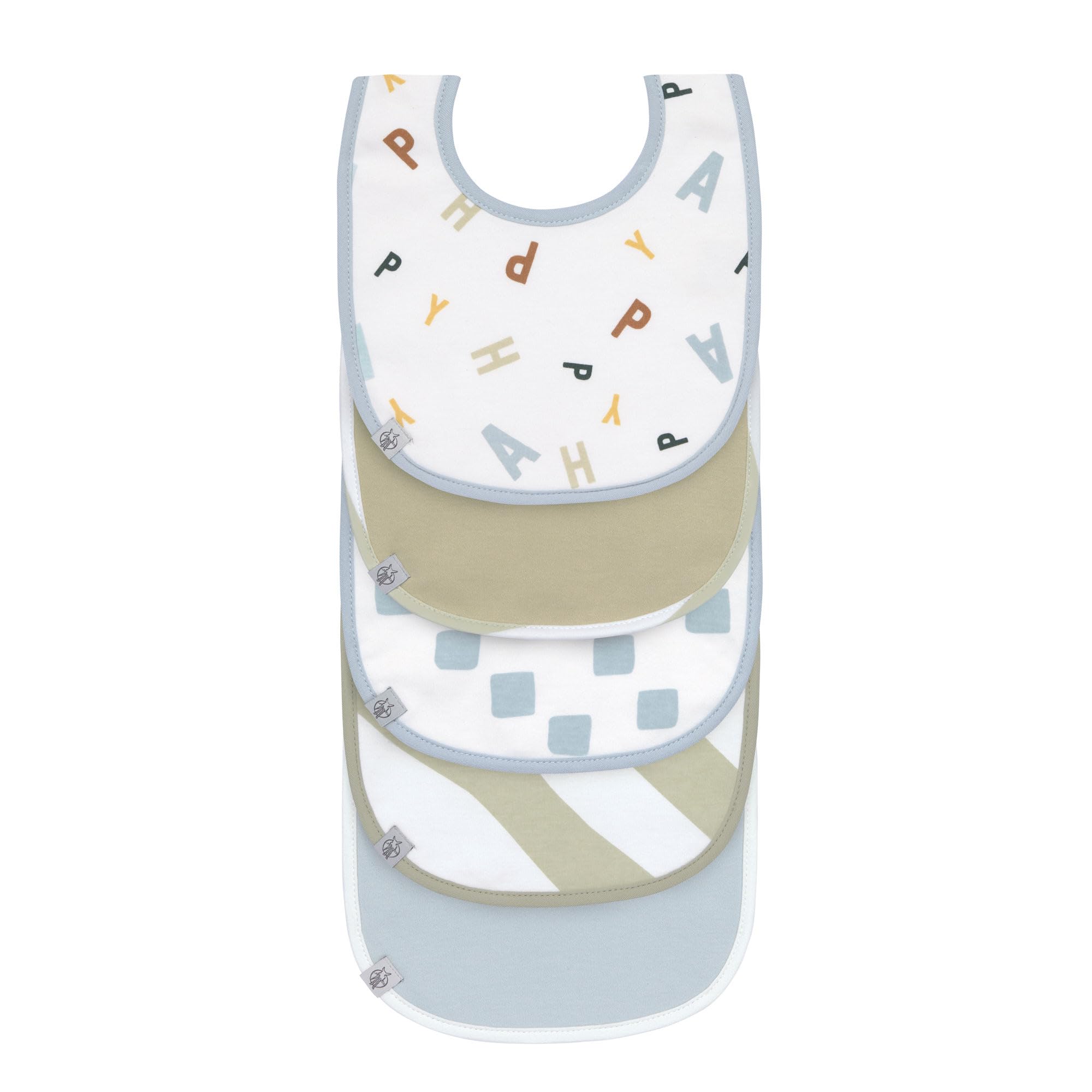 Lässig Baby Bibs Set (5 Pack) with Velcro Fastener Cotton Waterproof/Value Pack Bib Happy Fruits Light Blue Light Khaki