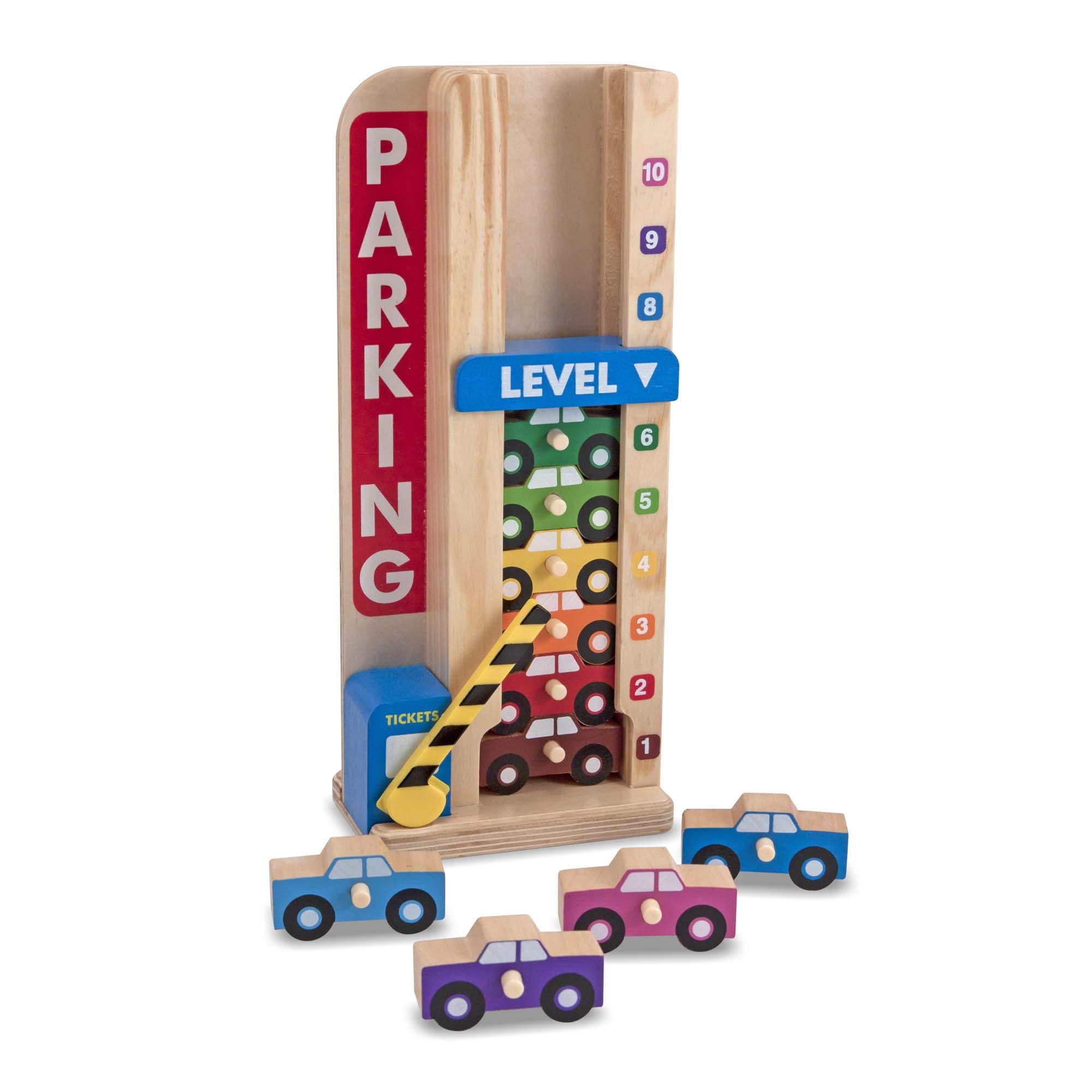 Stack & Count Parking Garage – 10 Wooden Cars with Sliding Counter – Early Math & Motor Skills Toy for Kids Age 3 Plus