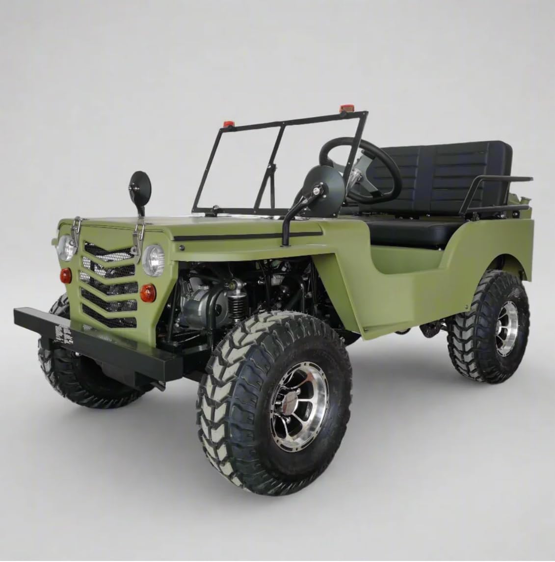Mini Military 125cc Go-Kart, Army Green, Off-Road All-Terrain Vehicle with Chrome Wheels