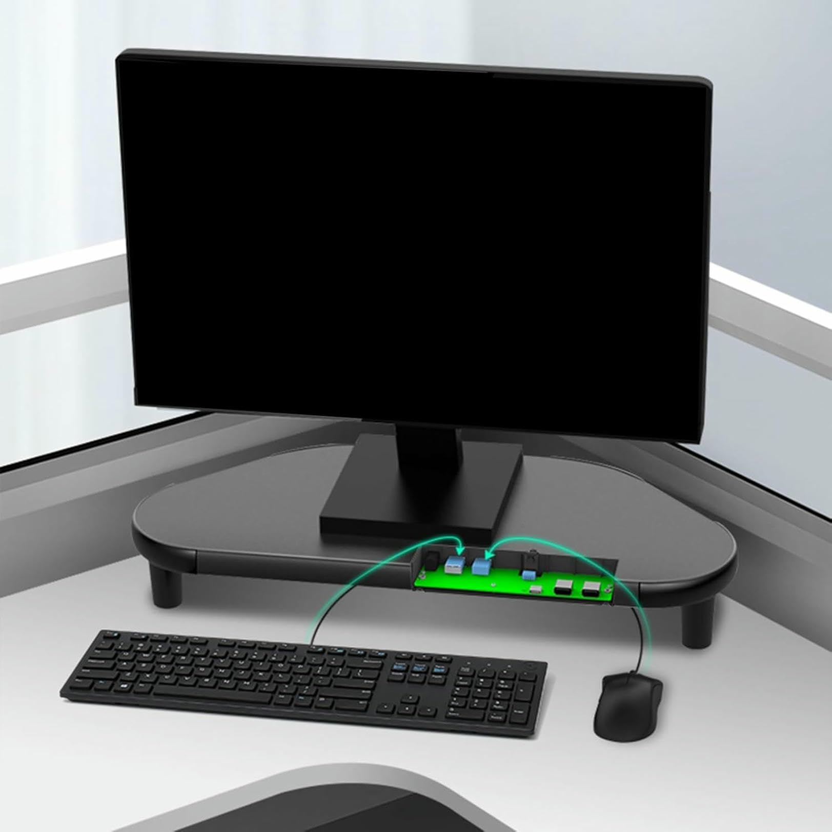 Support d'écran d'angle pour bureau à domicile avec 4 ports USB et organiseur