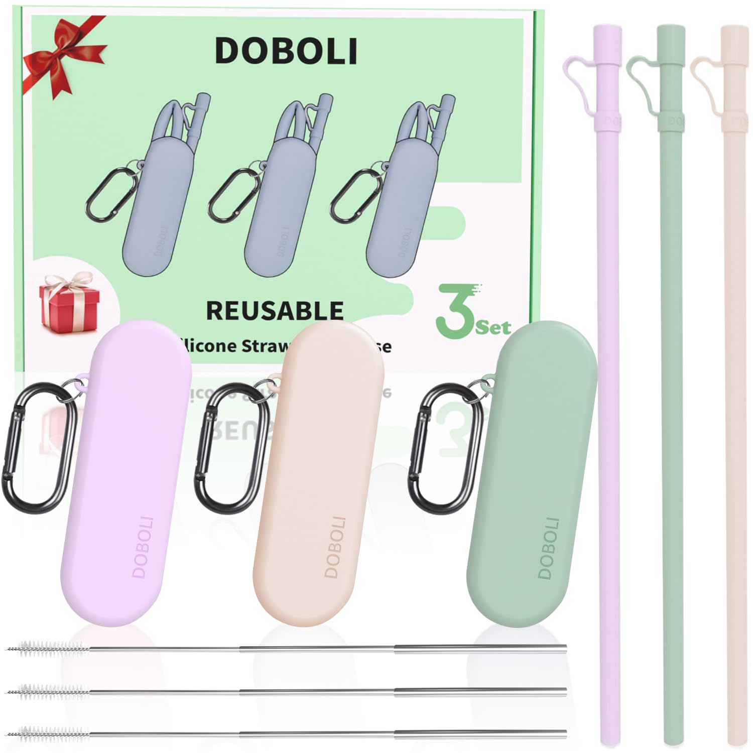 Doboli Reusable Straws with Case,12 inch Long Silicone Reusable Straws with Case, Portable Straw Foldable Drinking Travel Straw, Compatible with Stanley Owala 40 oz 30 oz Cup Tumbler 3 Set