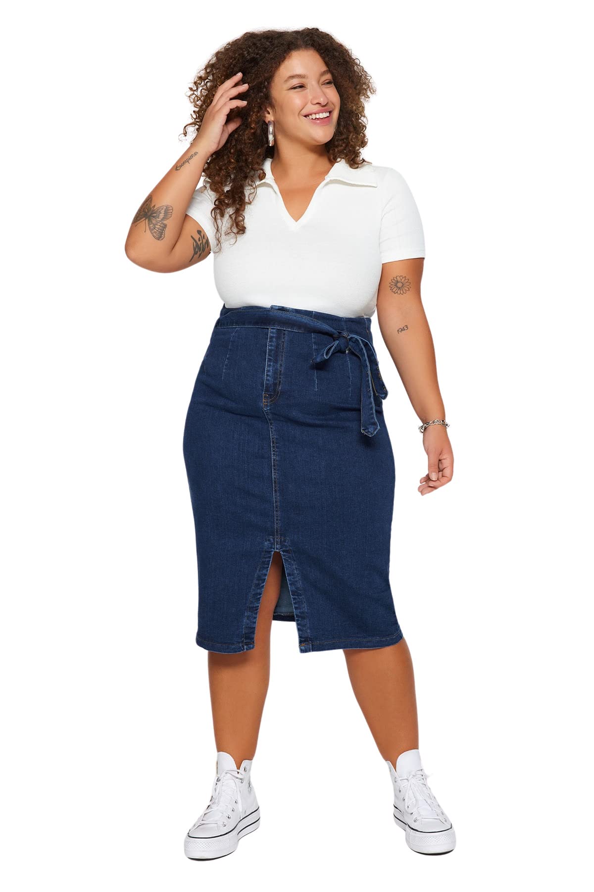 Trendyol Curve Damen Blau Dunkelblauer, Geschlitzter Jeansrock Mit Hohem Bund Und Gürtel Tbsss23az00017 Für - Größe 48