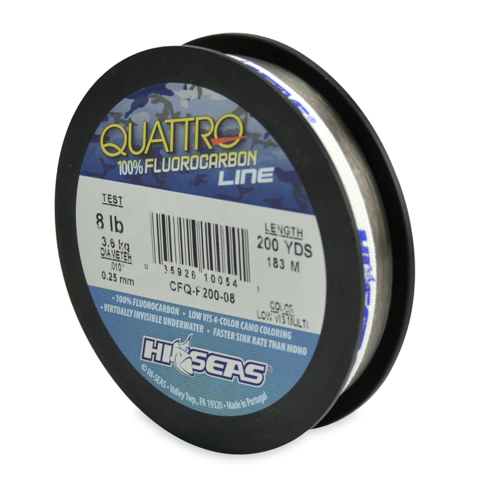 HI-SEAS Quattro 100% Fluorocarbon Line, 8 lb / 3.6 kg Test, .012 in / 0.30 mm Dia, 4-Color Camo, 200 yd / 182 m