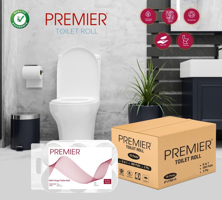 Image of Premier 3 Ply Wholesale Toilet Tissue Roll (28800 Pulls) | 300 Pulls x 96 Rolls (Bulk Carton Pack) | Clog Free, Flushable, Easy to Tear | Extra Absorbent Toilet Paper Roll for Home, Office