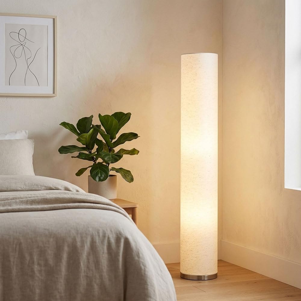 Stehlampe Esszimmer modern Säulenlampe 3 flammig Stehleuchte sandfarben mit Textilschirm, Metall nickel, 3x E27 Fassungen, DxH 19x110 cm