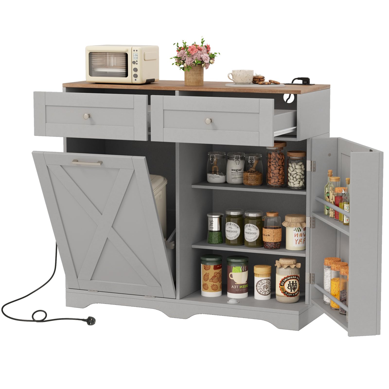 COSTWAY Sideboard with Trash Bin Hamper, Tilt Out Trash Can Cabinet with Power Outlets, 2 Drawers, Adjustable Shelf, Built-in a Universal Wheel & Anti-Tipping Kit, Pantry Storage Cupboard (Gray)