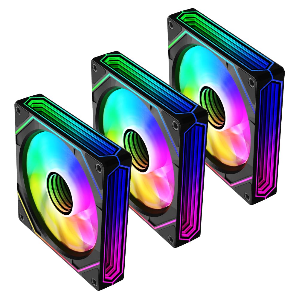TZMRIT Prism 6 Pro RGB Lüfter 120mm,Drei unendliche Spiegel an der Seite,5V 3PIN ARGB 4PIN PWM Lüfter (3, Black, 120MM-Reverse)