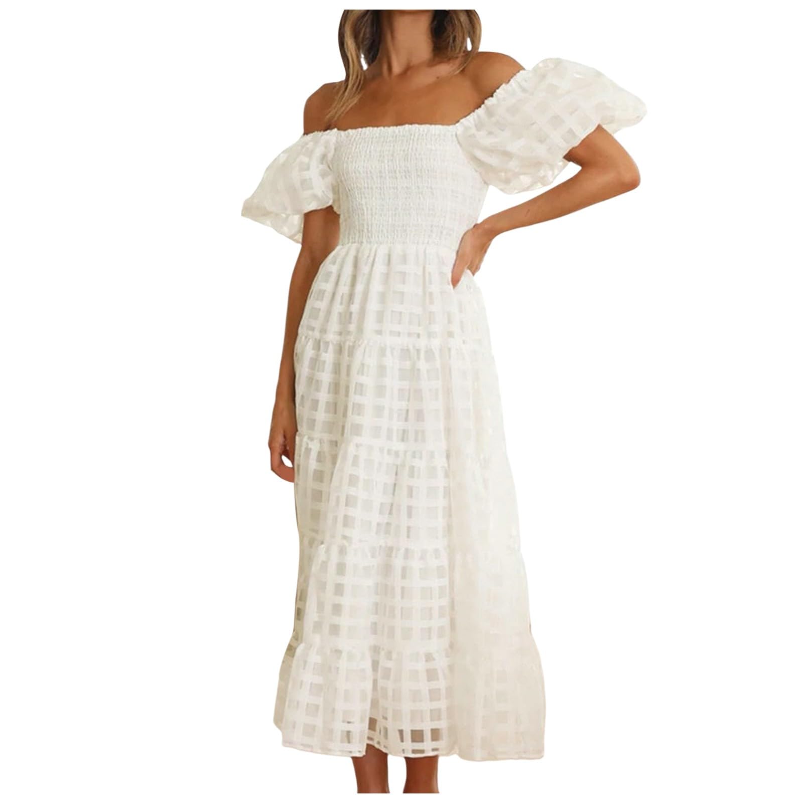 Generic Vestido Naranja Mujer Hombros Descubiertos, Manga Corta abombada, Informal, con Volantes Vestidos Atractivos del Cordón