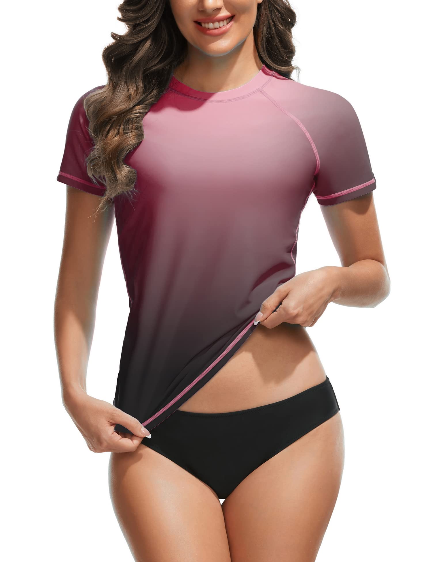 Bonneuitbebe Women's Swim Shirt UPF 50+ Short Sleeve Rash Guard UV Sun Protection Swimsuit Bathing Suit Top