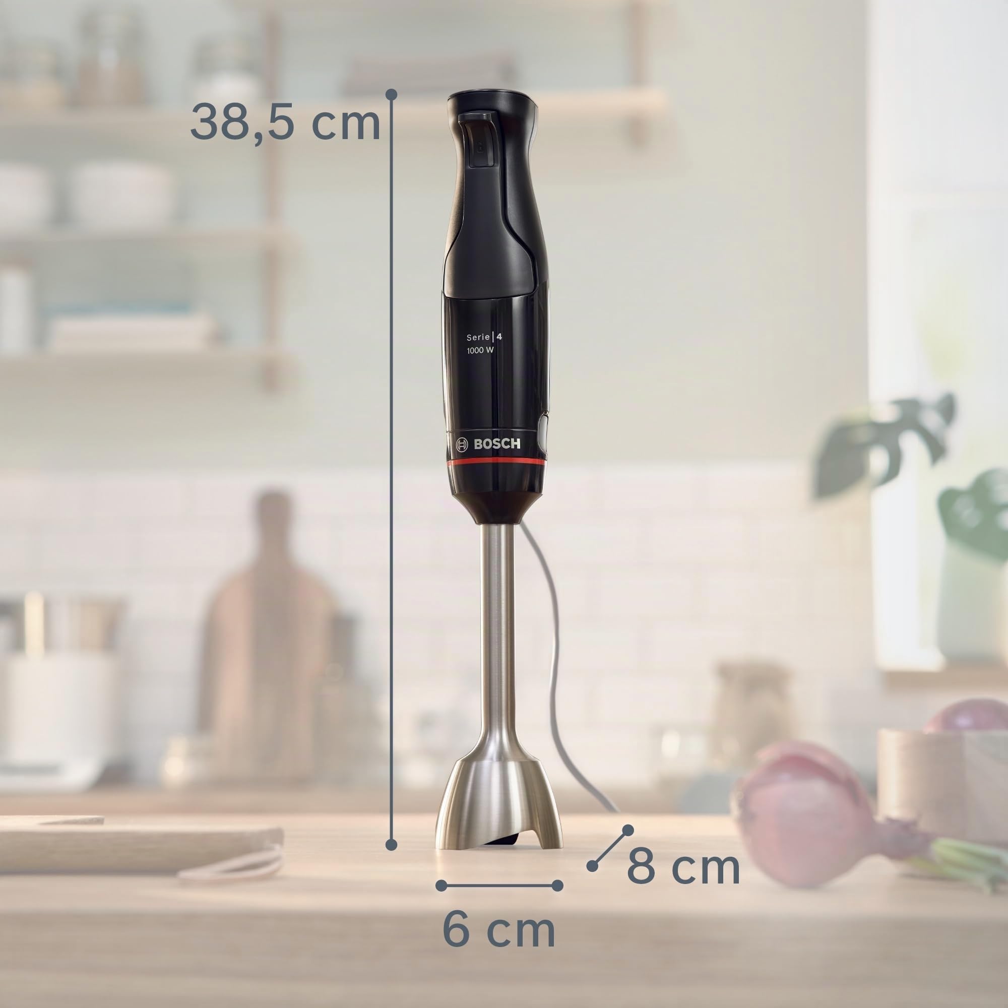 Bosch Serie 4 Frullatore a Immersione ErgoMaster MSM4B621, 1000 W, Ergonomico, Regolazione Dinamica della Velocità, Lame in Acciaio Inox, Tritatutto e Frusta Inclusi, Bicchiere Graduato, Nero