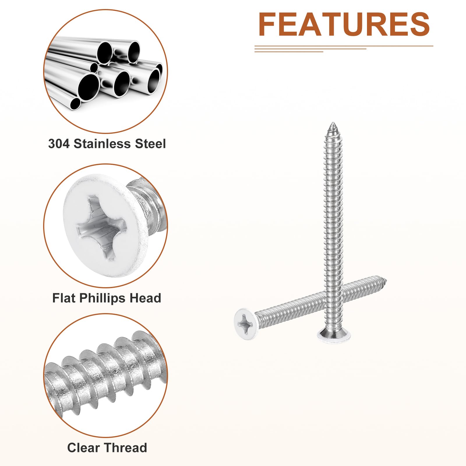 DTGN 50Pcs #14x3" Flat Head Wood Screws, 304 Stainless Steel White Phillips Self Tapping Screws - Image 4