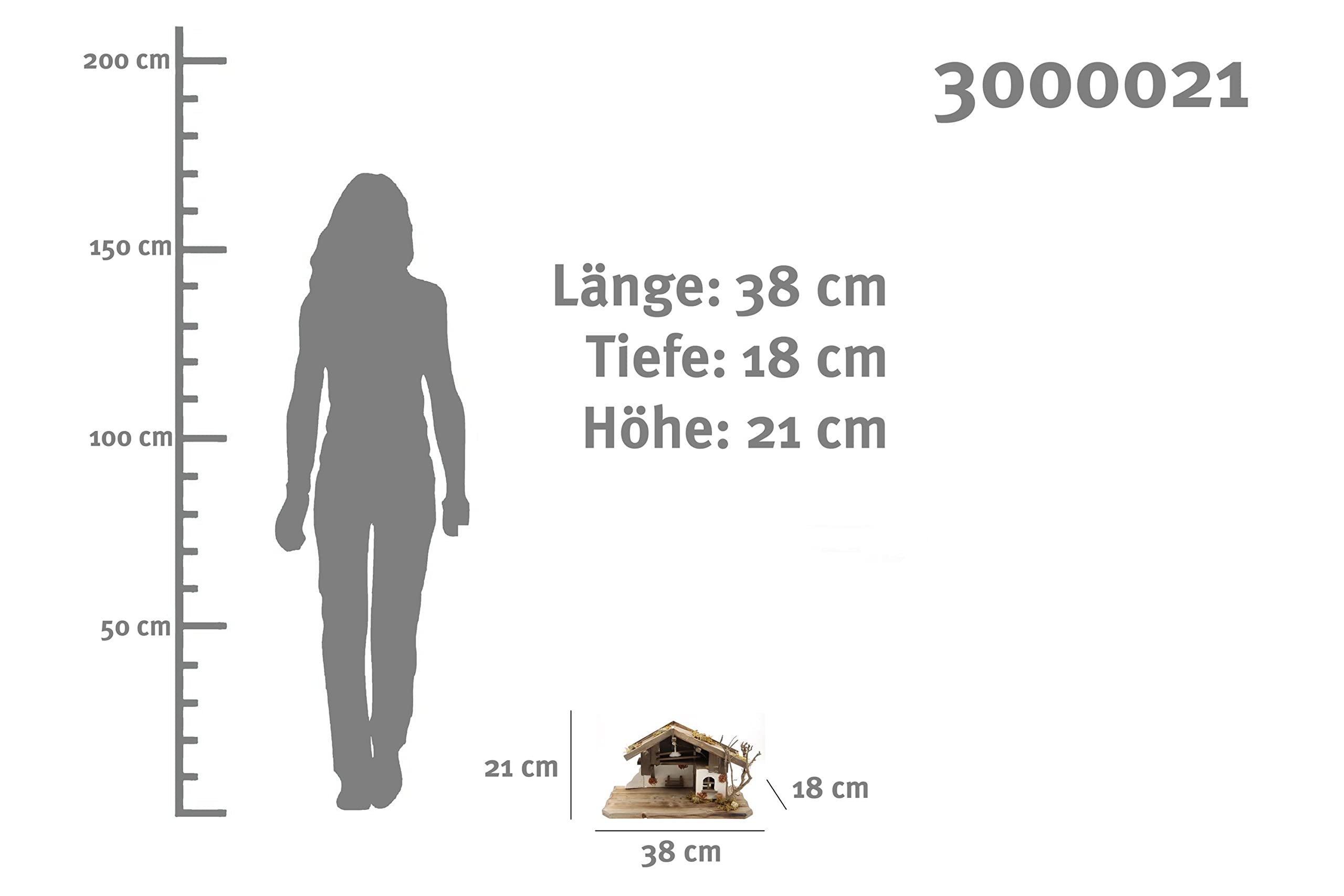 ELLUG Holz Krippenstall, Weihnachtskrippe mit Licht 38 * 18 * 21cm (OHNE Krippenfiguren) aus Holz, für Figuren bis 10cm Höhe