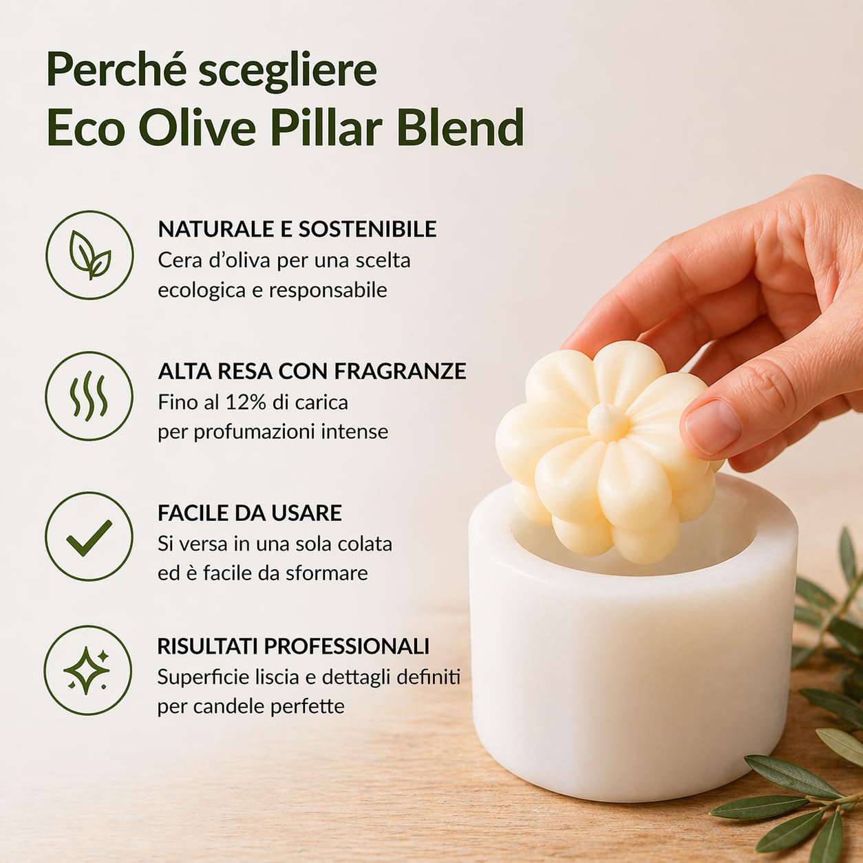 Generico Cera d’Oliva per Candele Eco Olive Pillar Blend – 100% Vegetale – Ideale per Candele in Stampo e Wax Melts – Alta Diffusione Fragranza – Vegan, Senza Paraffina – 1KG