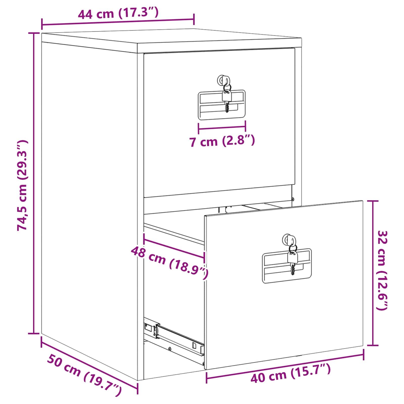Aktenschrank Weiß aus robustem kaltgewalztem Stahl 44 x 50 x 74,5 cm mit 2 ausziehbaren Regalen und Nockenschlössern für Büroorganisation
