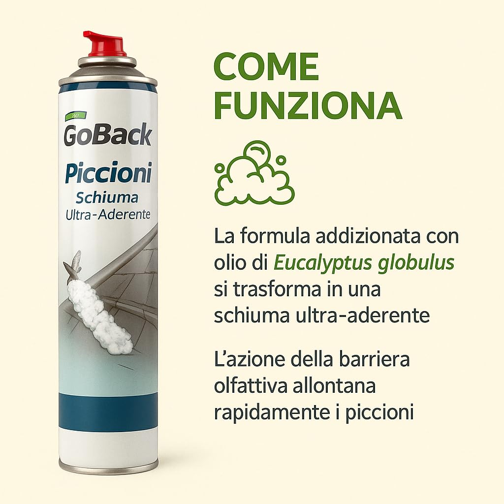 Repellente allontana Piccioni Schiuma Ultra-Aderente, Spray Disabituante con Eucalipto, Barriera Olfattiva per Balconi e Tetti, Gittata 4 Metri, 750ml