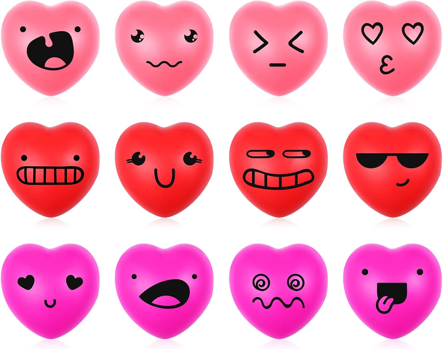 Gejo 12 Pieces Heart Stress Balls, Valentines Day Stress Balls Smile Face Foam Balls, 3 Inch Stress Relief Red Heart Shaped Funny Face Balls for Valentines Day (Red, Rose Red, Pink)