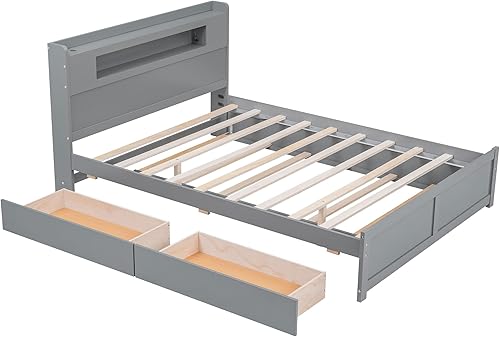 Miniatura 66 de Cama de plataforma de tamaño Queen con cabecero y cajones, marco de cama de plataforma de madera maciza con estantes, puertos USB y enchufes, marco