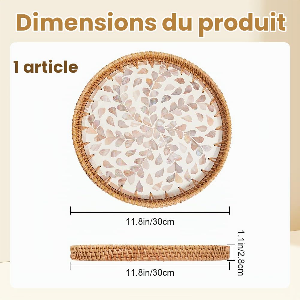 CREATCABIN Plateau Rond Rotin Plateau Service Rotin Tissé Base Bois Panier Tissé Main Panier Décoratif Osier Plateau Organisateur pour Décoration Table Rangement Affichage Petit Déjeuner 11.8 Pouce