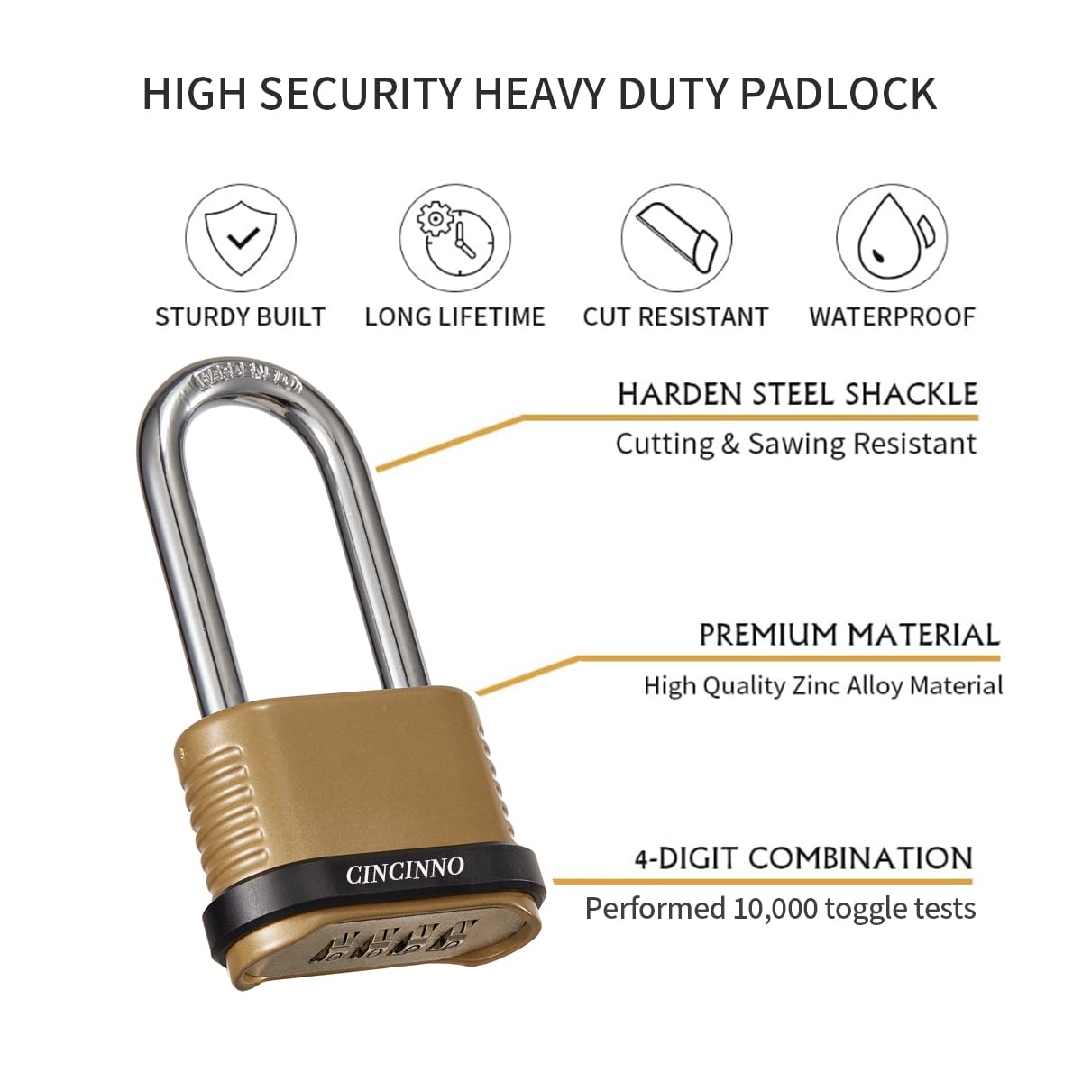 CINCINNO Heavy Duty Combination Lock, 4-Digit Combo Lock with Long Shackle,Weatherproof Combination Padlock for Outdoor Use,4 Pack - Image 3