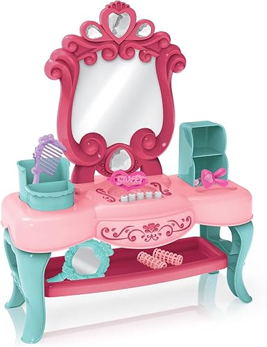 Let's Pretend Lights & Sounds Vanity Playset  El juego de salón de belleza para niños incluye 6 accesorios para juegos de simulación diseñados para