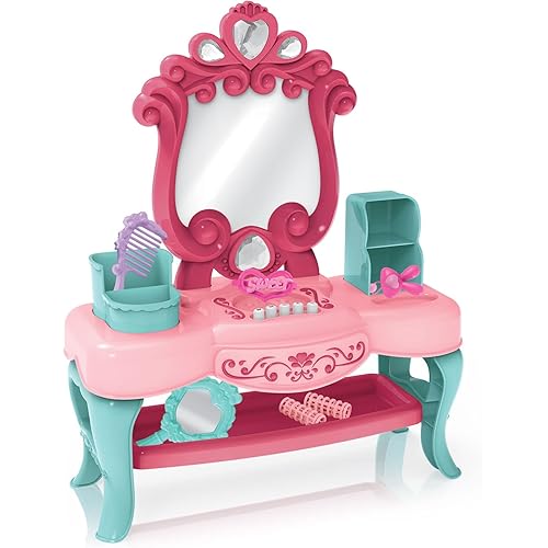 Nothing But Fun Toys Let's Pretend Lights & Sounds Vanity Playset - Kids Beauty Salon Set Includes 6 Accessories for Pretend Play Designed for Kids 3+ Years