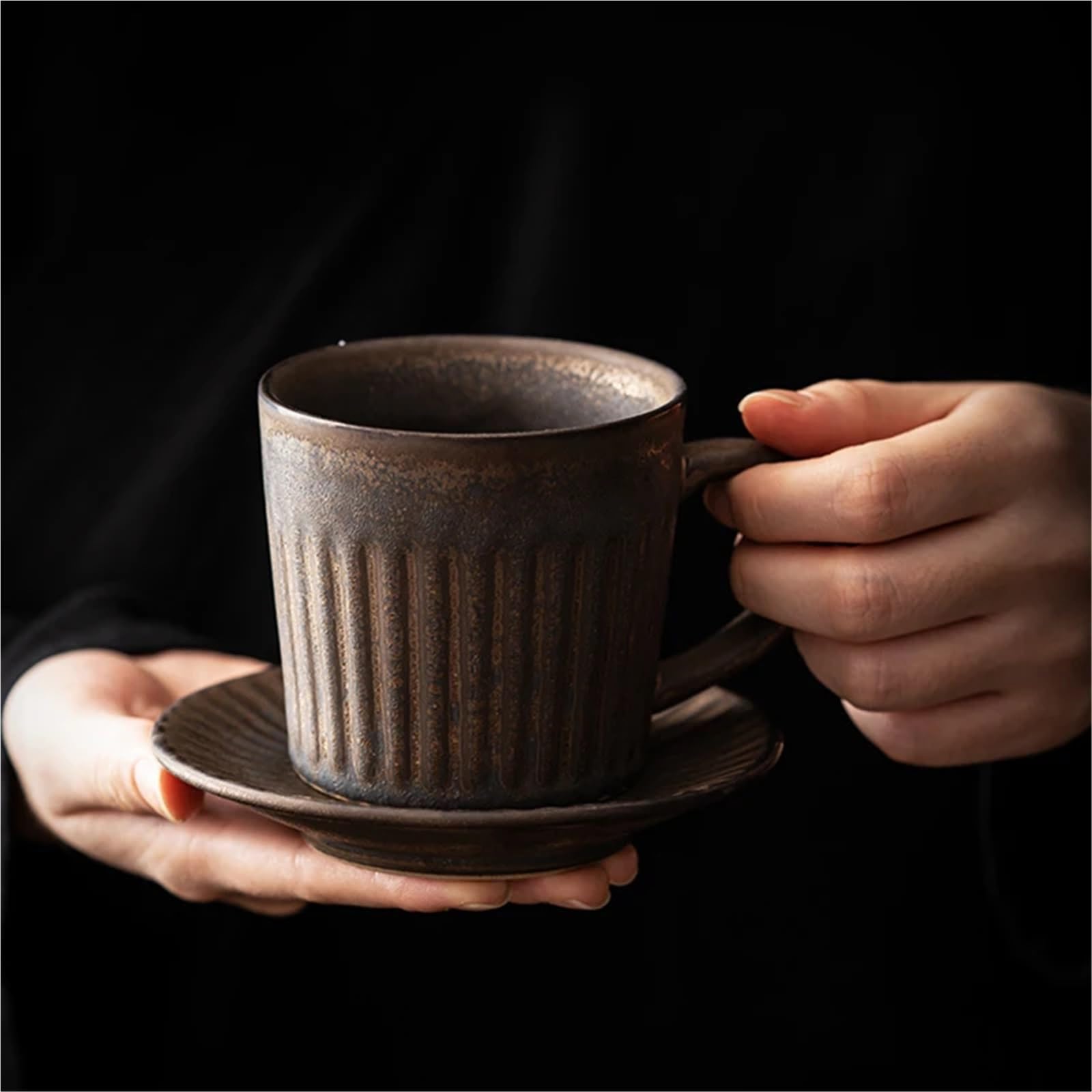 Kaffeetasse Untertasse Sets Vintage-Kaffeetassen aus Keramik mit Tablett und Henkel, Retro-Keramik-Kaffeetasse und Untertasse, Set mit Fotografie-Requisiten, Kaffeegeschirr-Tassen(B)