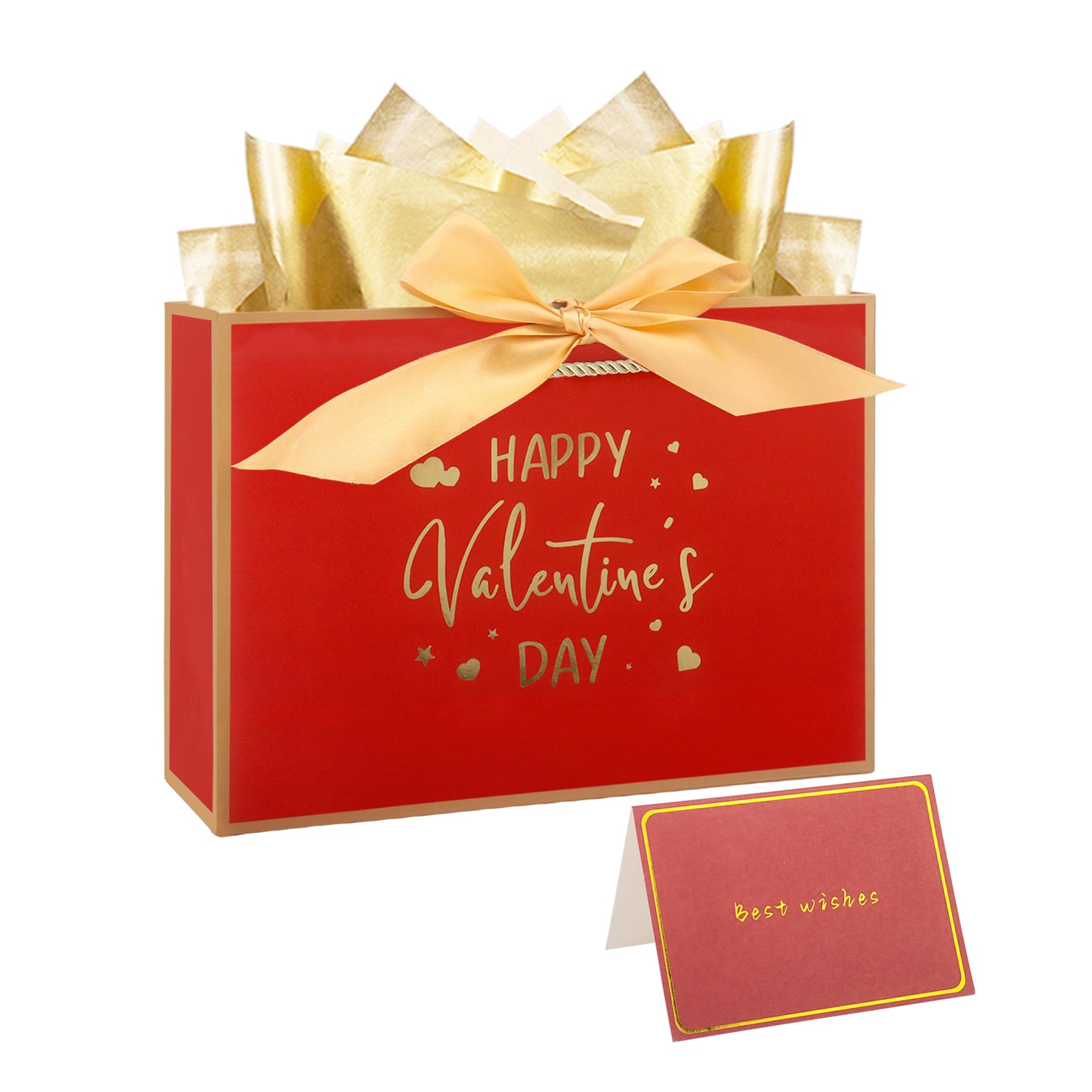28× 20× 10cm Valentines Gift Bag with Tissue Paper and Card, Happy Valentine's Day Red Gift Bag
