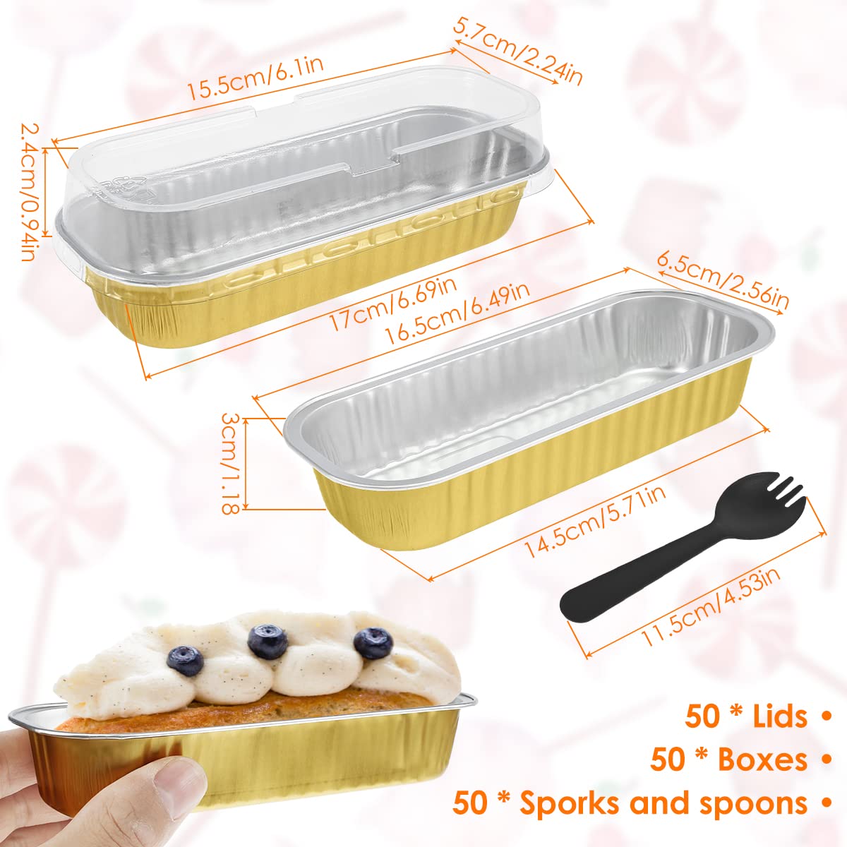 Mini moldes para pan con tapas y cucharas, paquete de 50 moldes de aluminio de 200 ml, recipiente rectangular antiadherente para pan, moldes estrechos resistentes al calor, latas desechables para
