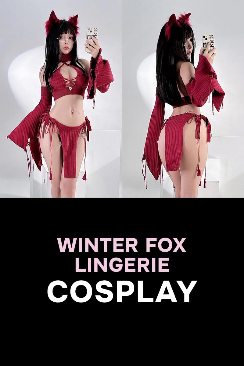 MOEFLAVOR Winter Fox Cosplay Lingerie Set - Cosplay Costumes for Women - Kawaii-Anime Outfits - Reg and Plus: X-Large-XX-Large Red