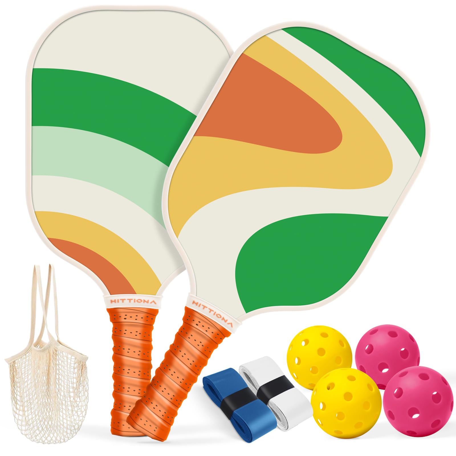 HITTIONA Pickleball Paddles - Fiberglass Pickleball Paddles Set of 2, USAPA Approved Pickle Ball Rackets 2 Pack with 4 Pickleball Balls, 1 Pickleball Net Bag, Paddles Ball Set for Beginners