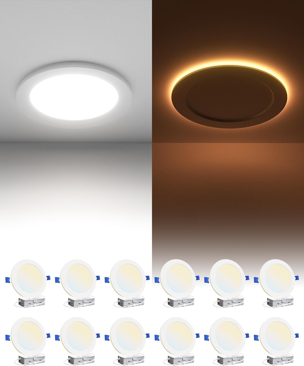 Ensenior 12 Pack 6 Inch LED Recessed Ceiling Light with Night Light, Dimmable, 2700K-5000K 5CCT, 1050LM 12W 120V, High Brightness Canless Wafer Downlight – FCC